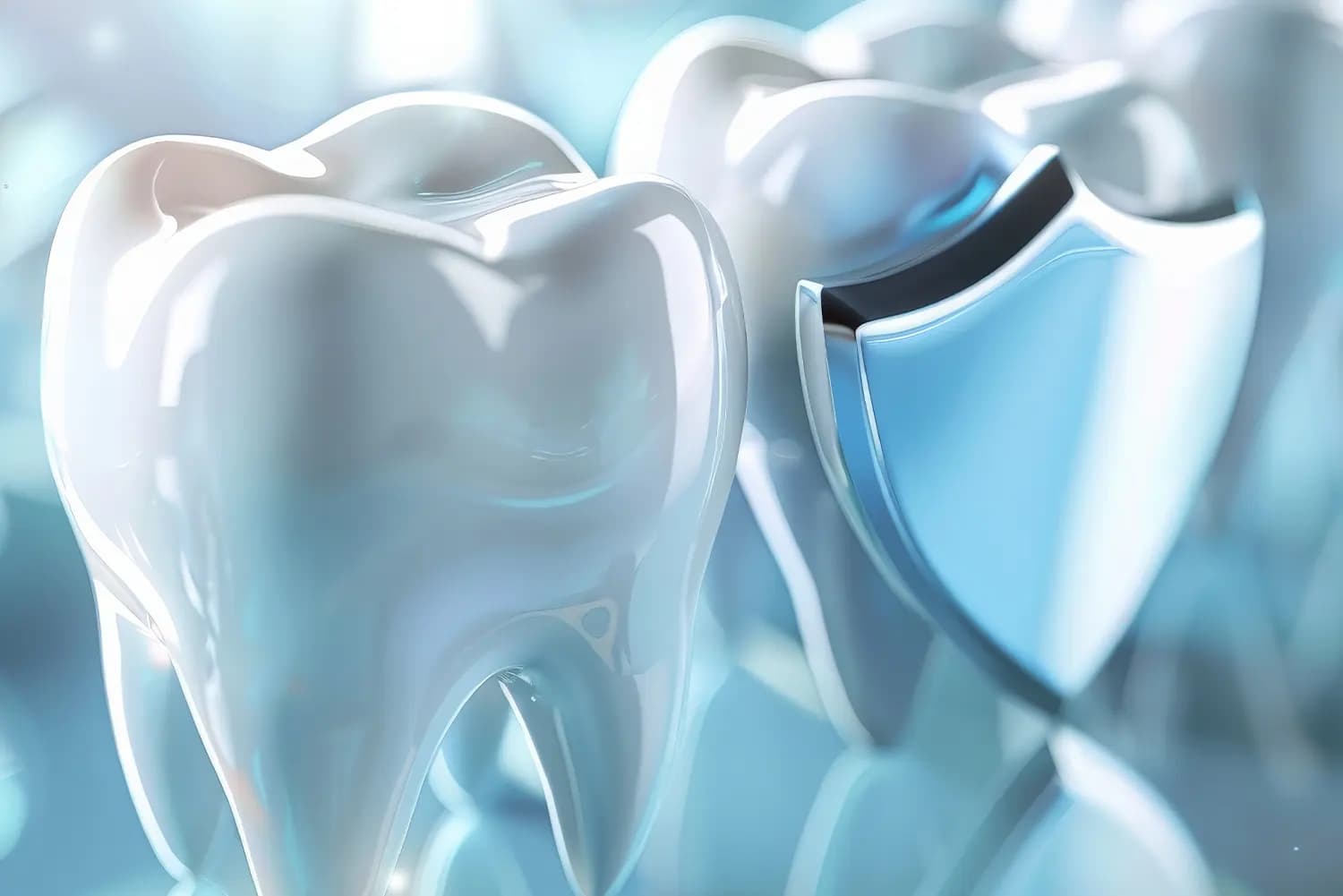 3D illustration of a white tooth beside a protective shield representing cavity prevention