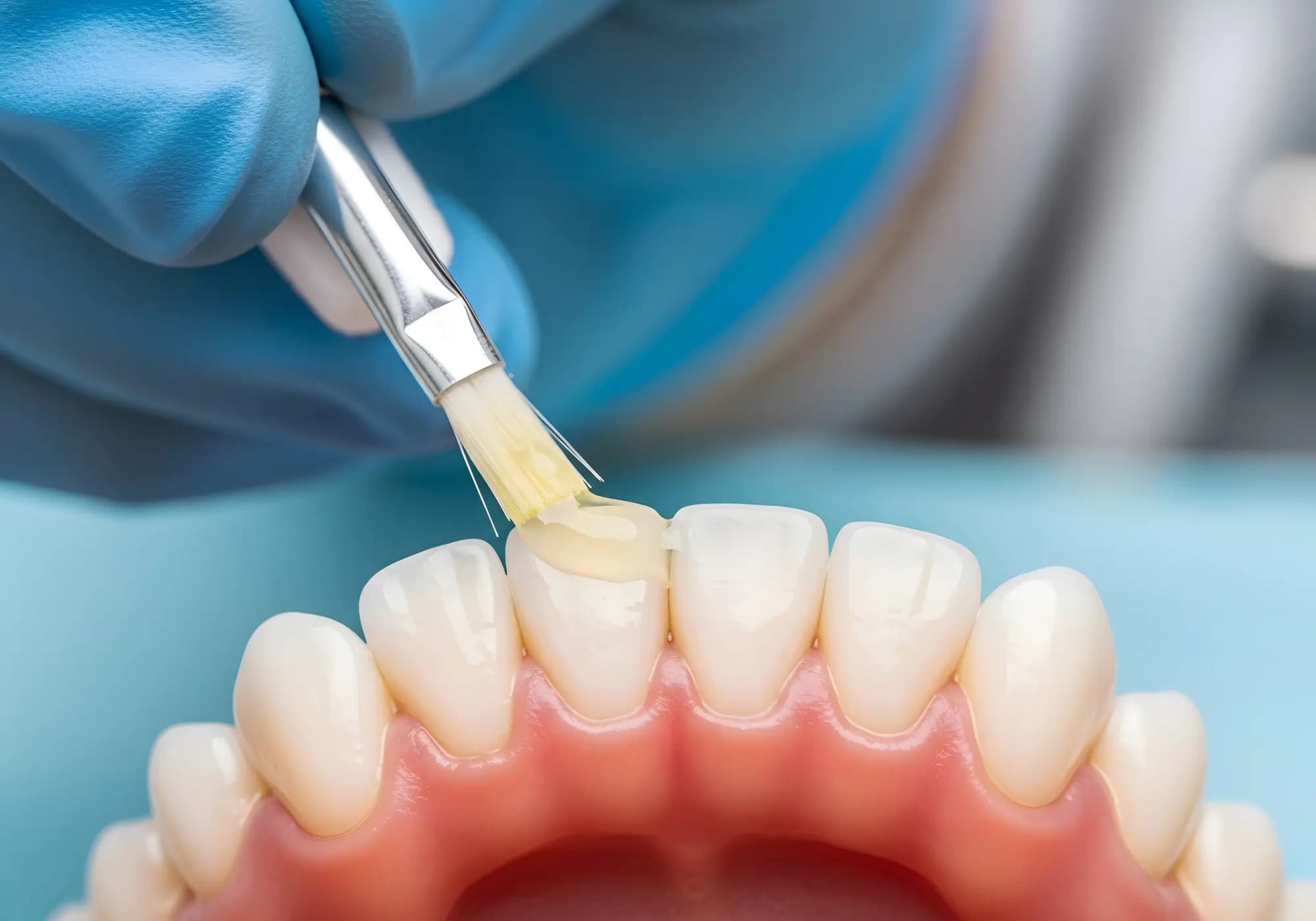 Gloved hand brushing a protective fluoride coating onto lower front teeth during a dental visit
